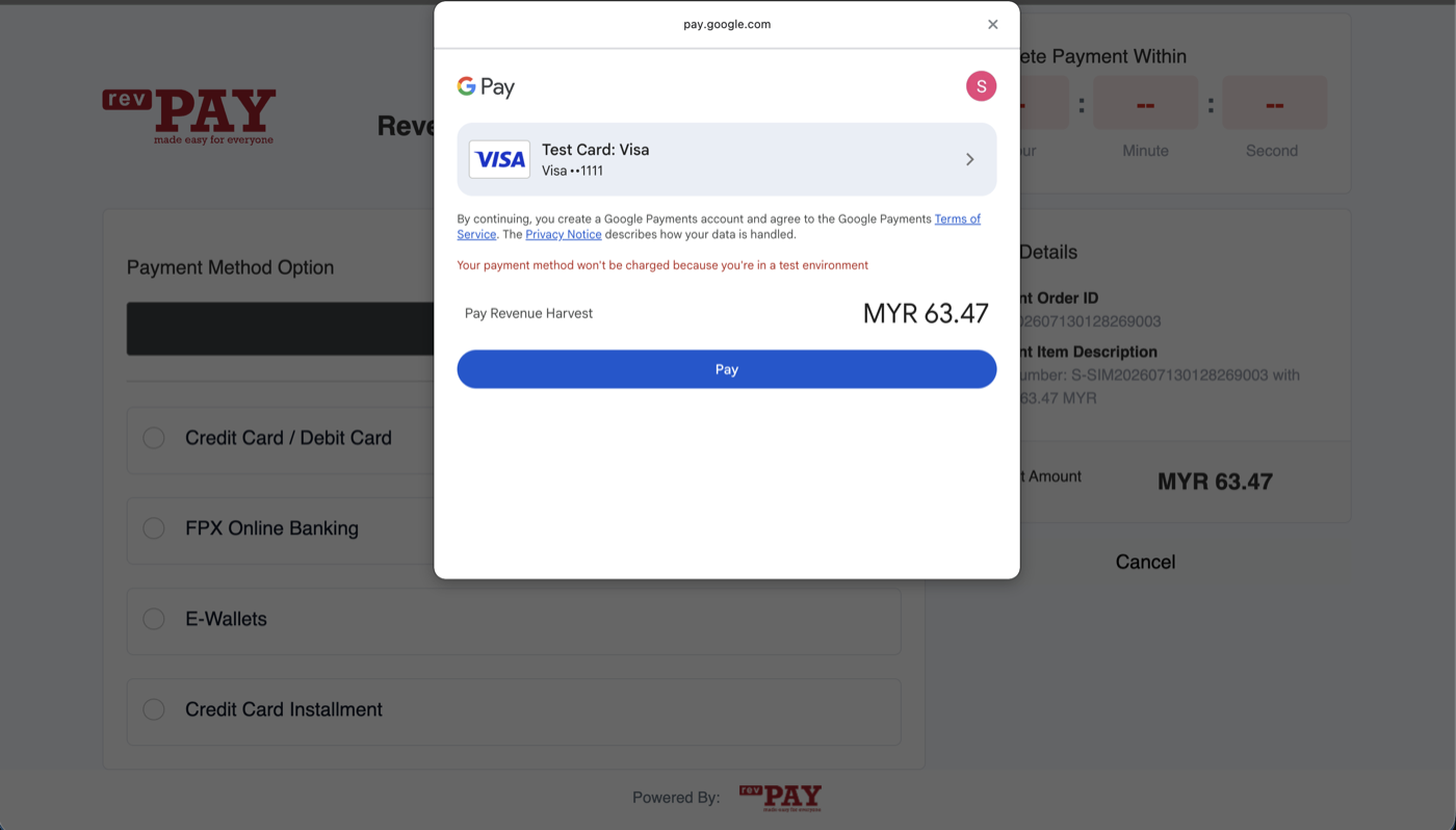 Google Pay payment page confirming the card and amount